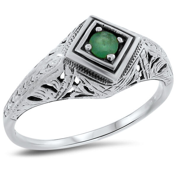 NATURAL EMERALD 925 STERLING SILVER DECO ANTIQUE STYLE SOLITAIRE RING 147X