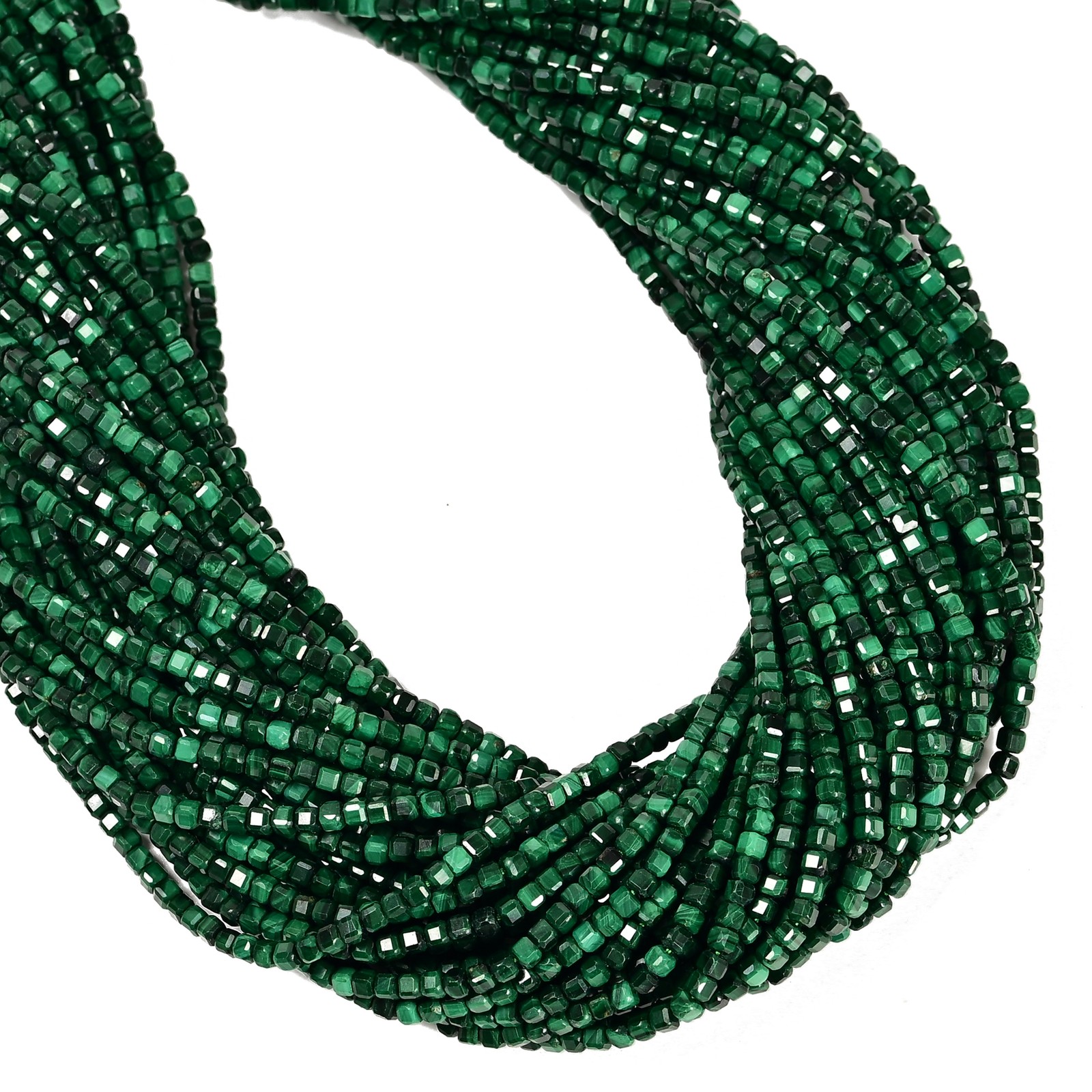 Natural Malachite Faceted Cube Beads Size 2-2.5mm 15.5” Strand