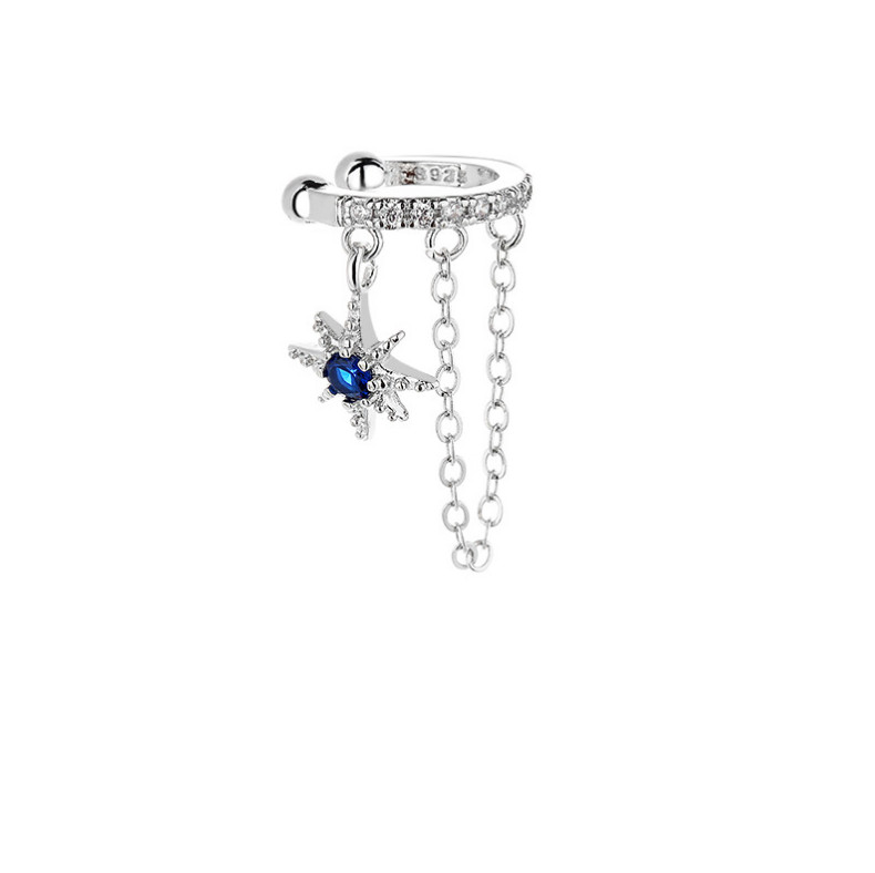 1Pc Silver Plated Ear Cuff Blue CZ Star Teardrop Earring No Pierced Clip On I123