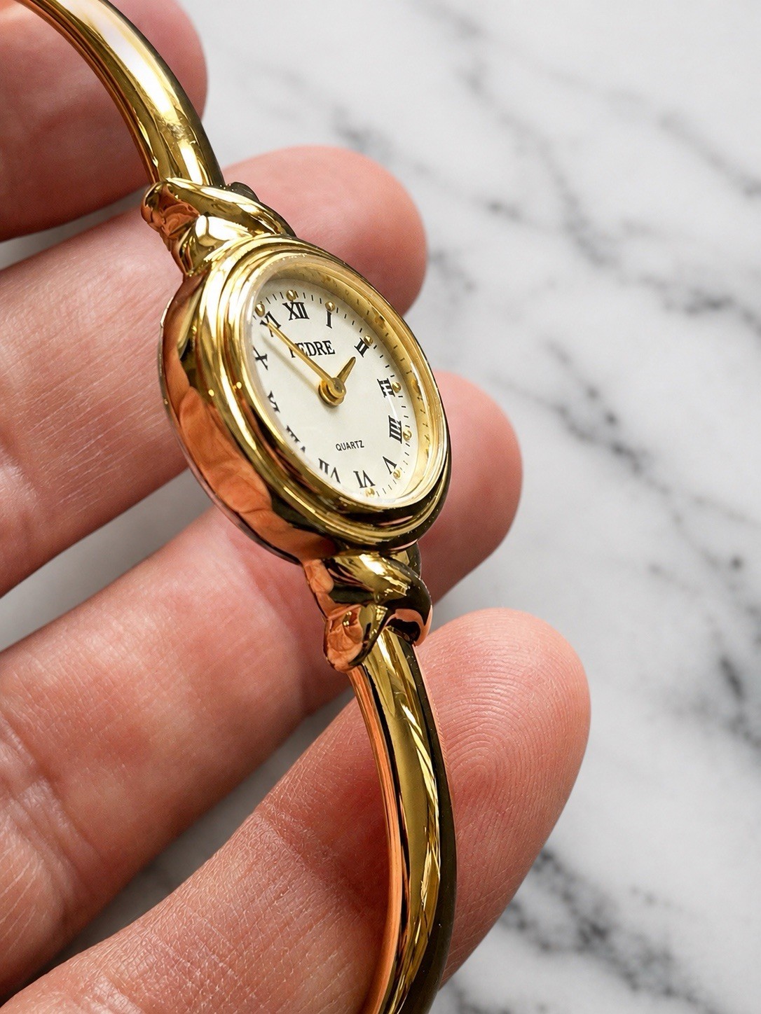 😍 NEW MINT! Trendy DAINTY 1990s PEDRE Mini Roman Bangle Gold Tone Quartz Watch