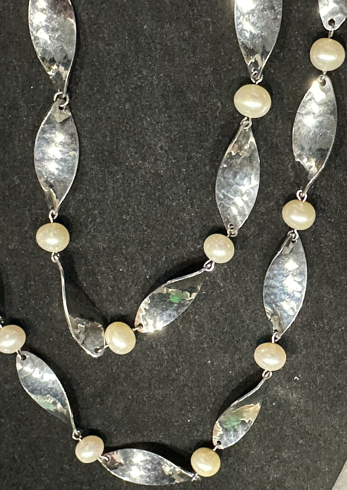 Faux Pearl & Silver Tone Hammered Beads Necklace – 36” Long – Lightweight