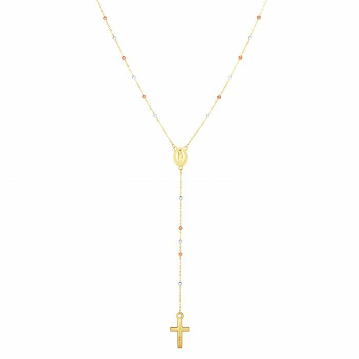 26″ Polished Rosary Inspired Necklace Real 14K Tri-Color Gold 2.6gr