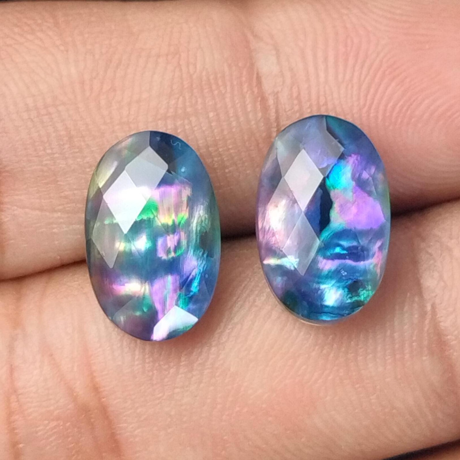 Ammolite Stone Doublet Oval Matched Pair Briolette Loose Gemstones 12 x 15 MM