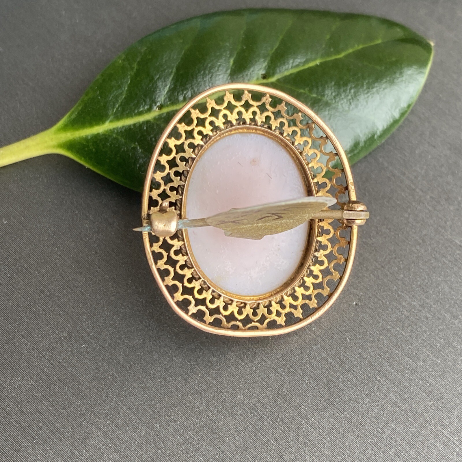 14K Yellow Gold Coral Cameo Brooch Antique Goddess Beauty Profile Fine Jewelry