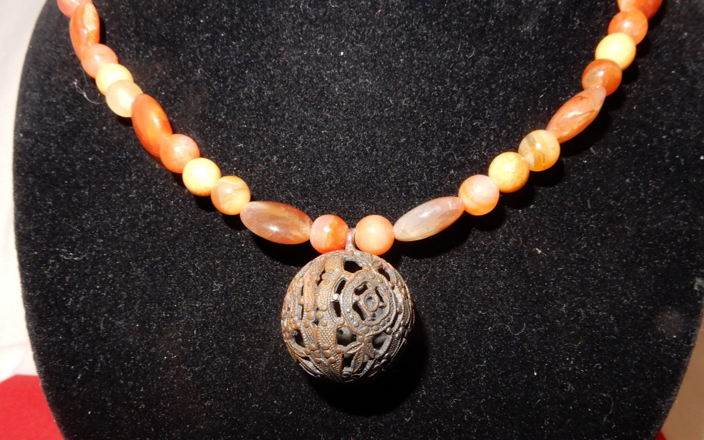 Beaded Agate Necklace with Brass Design Cut-Out Ball Charm -17 in.