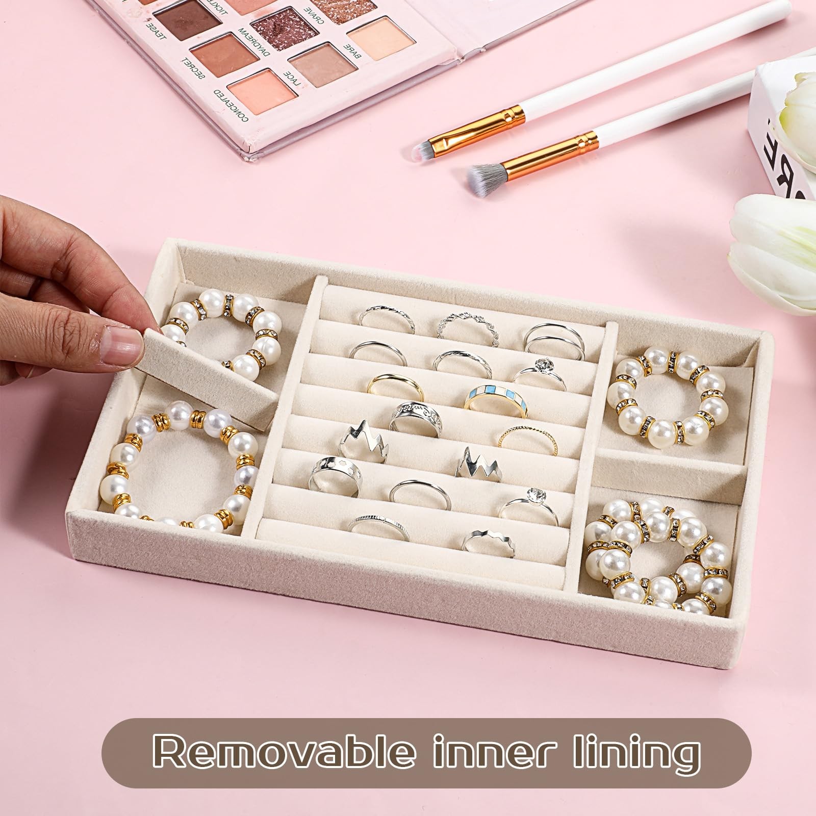 Oqqlin 4 Pcs Stackable Jewelry Organizer Trays, 8 x 5 x 1 Inch Velvet Beige
