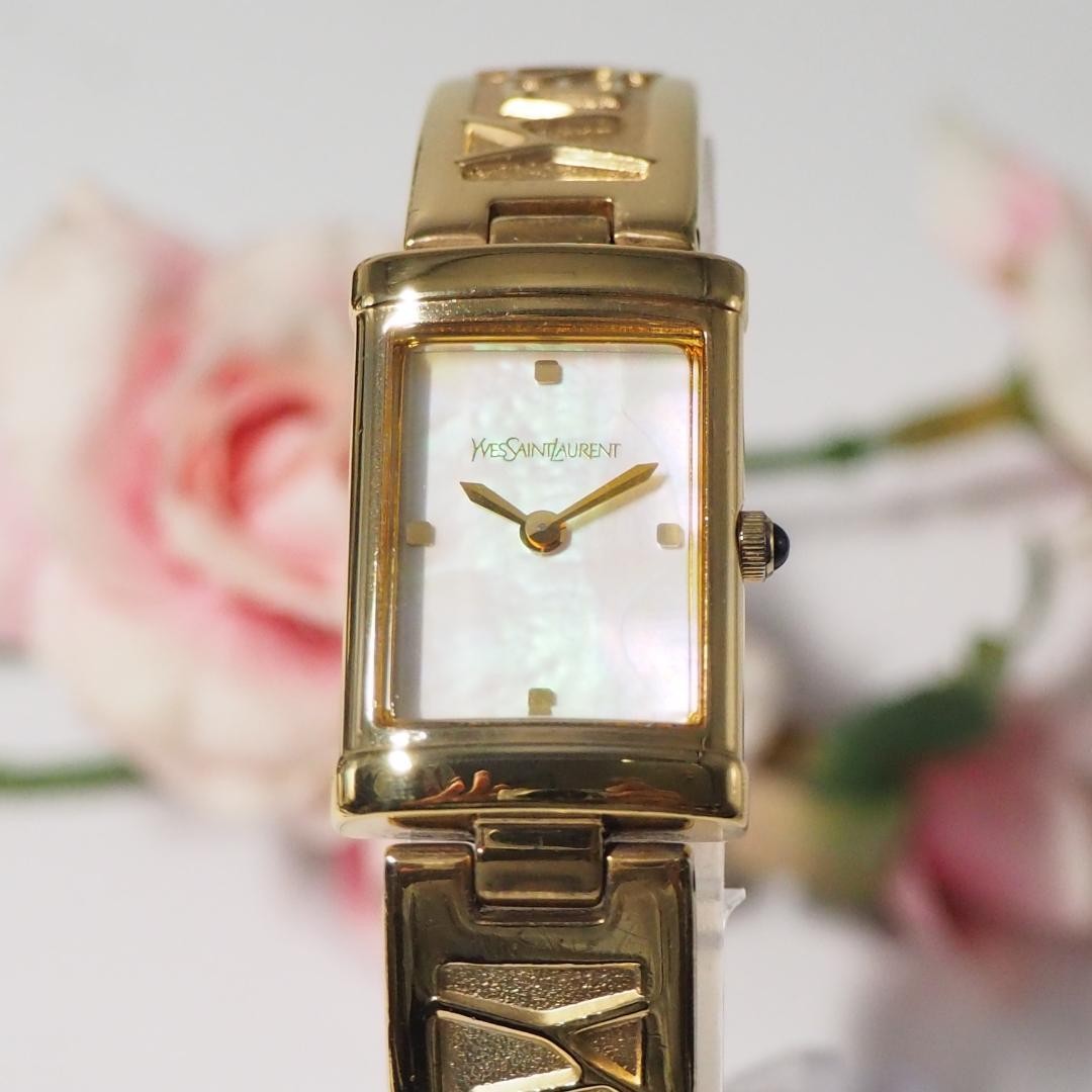 Yves Saint Laurent Square Shell Dial Bangle Watch White H922 Japan 075749