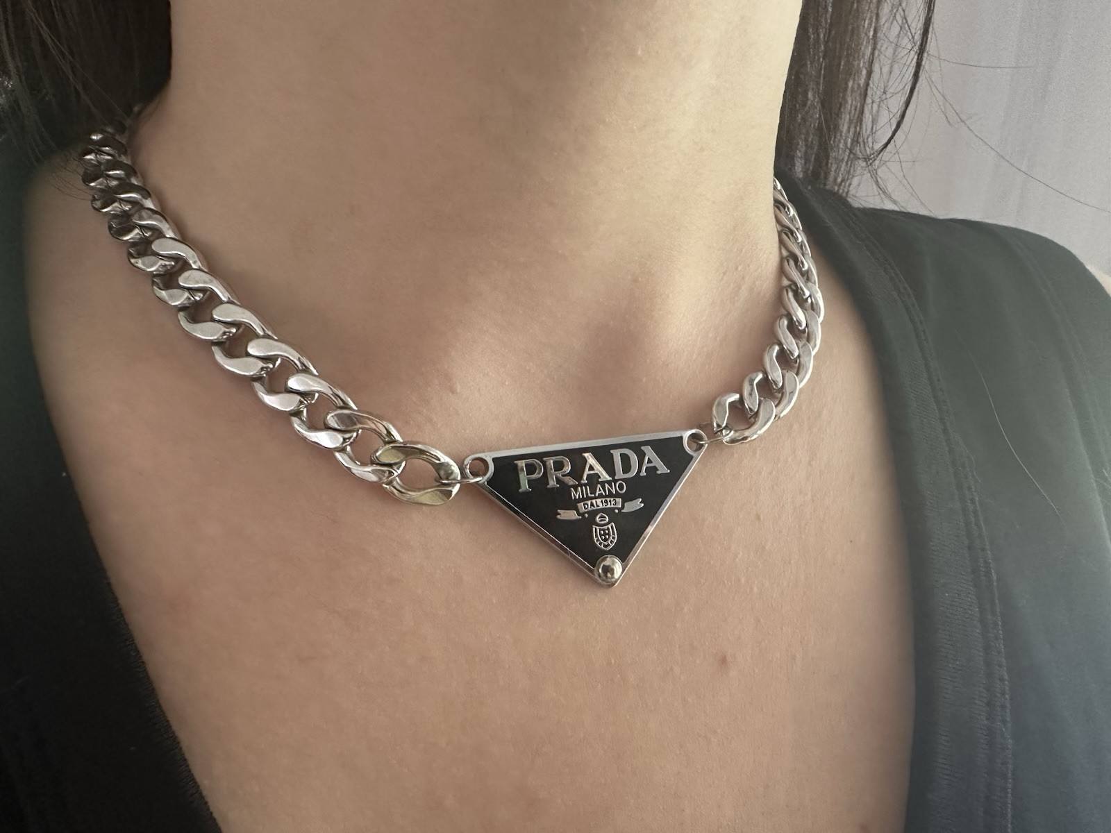 Silver 925 Prada Milano Choker Stainless Steel Cuban Link 16.5” Chain Necklace