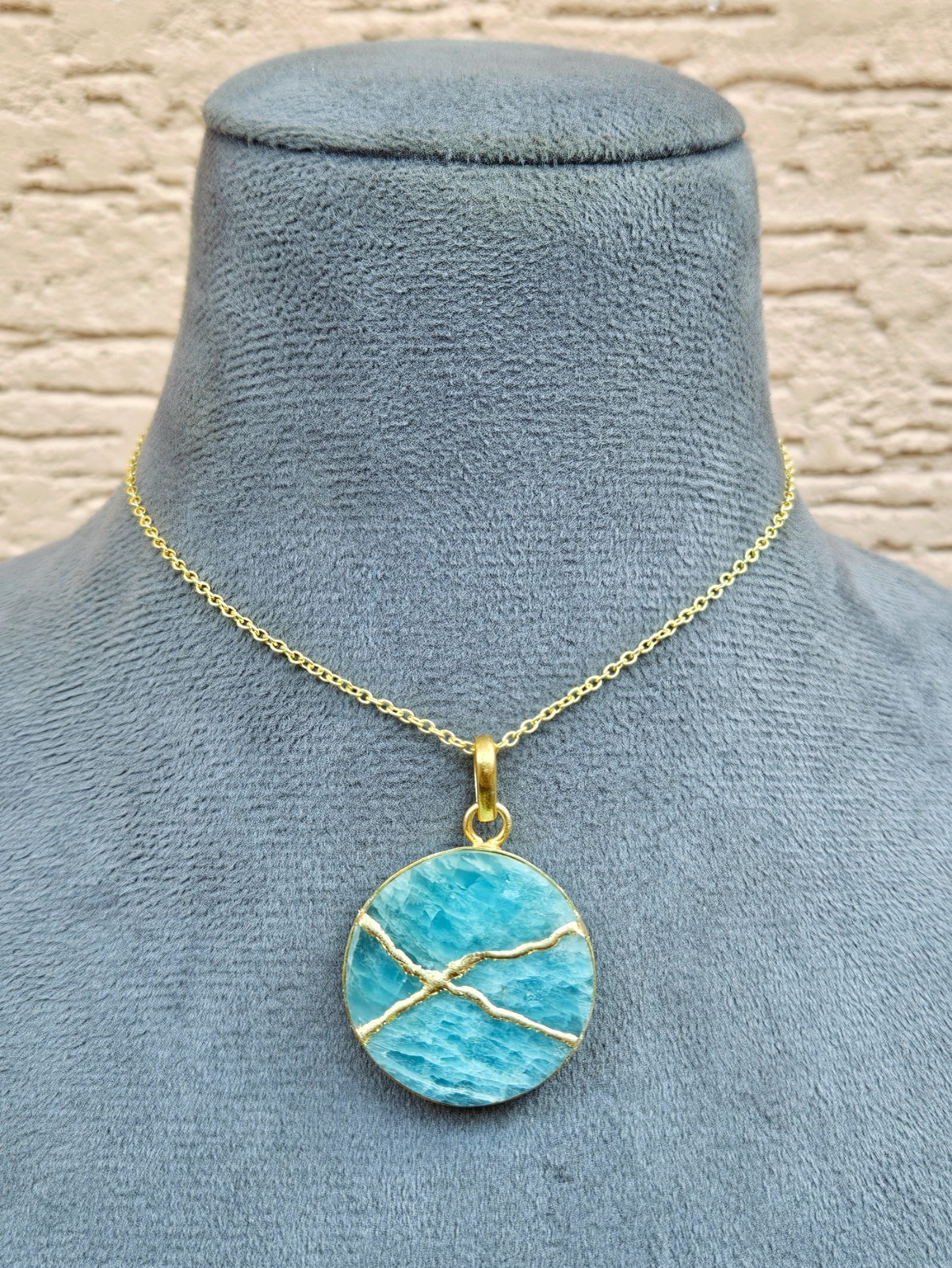 AQUAMARINE NECKLACE KINTSUGI Initial Necklace Gold Engraved Gold Plated Chain