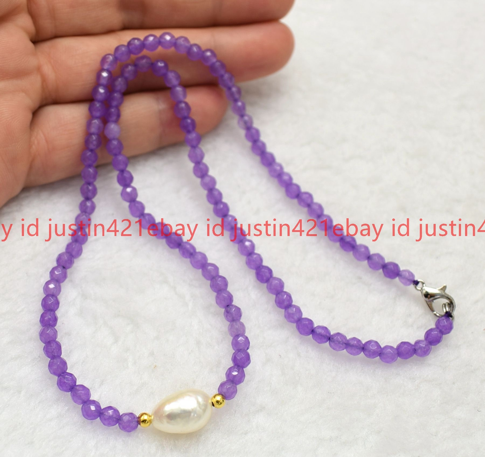 4mm Faceted Lavender Jade Round Gemstone & 11-12mm White Baroque Pearl Necklace