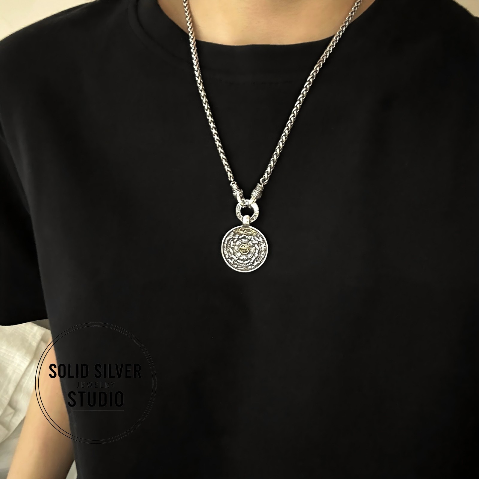 Solid S925 Silver Buddhist Mantra Necklace Spiga/Wheat Chain Pendant Holder Gift