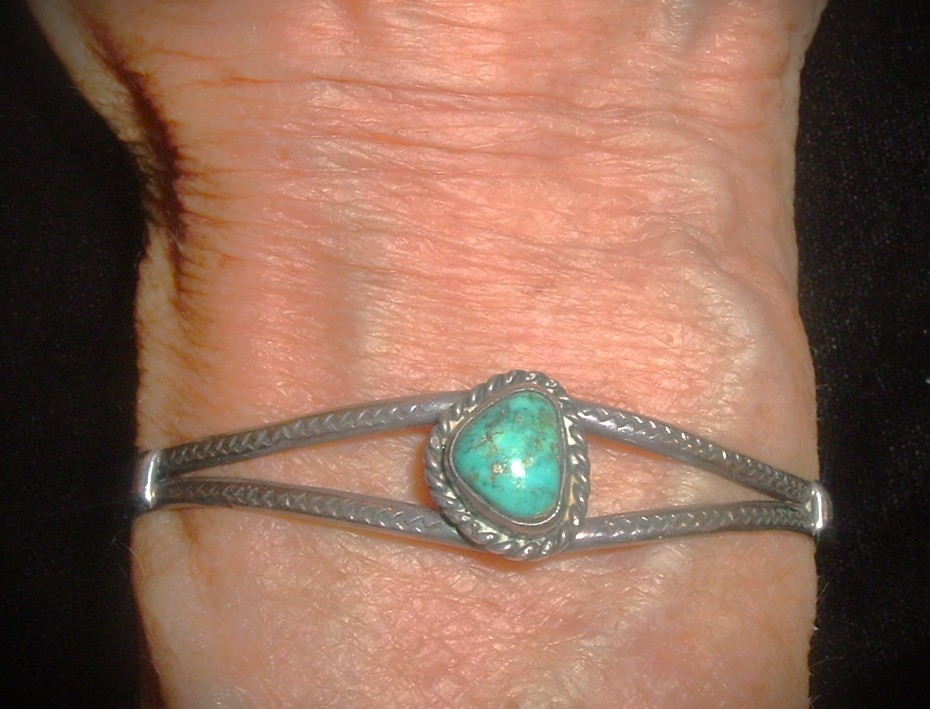 CIRCA 1970’S STERLING SILVER & MORENCI TURQUOISE CUFF BRACELET HAND STAMPED !