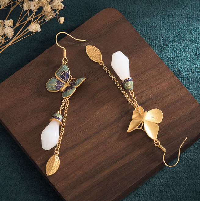 Jade Bohemian Drop Dangle Earrings Flower Butterfly Gemstone 18K Gold Plated