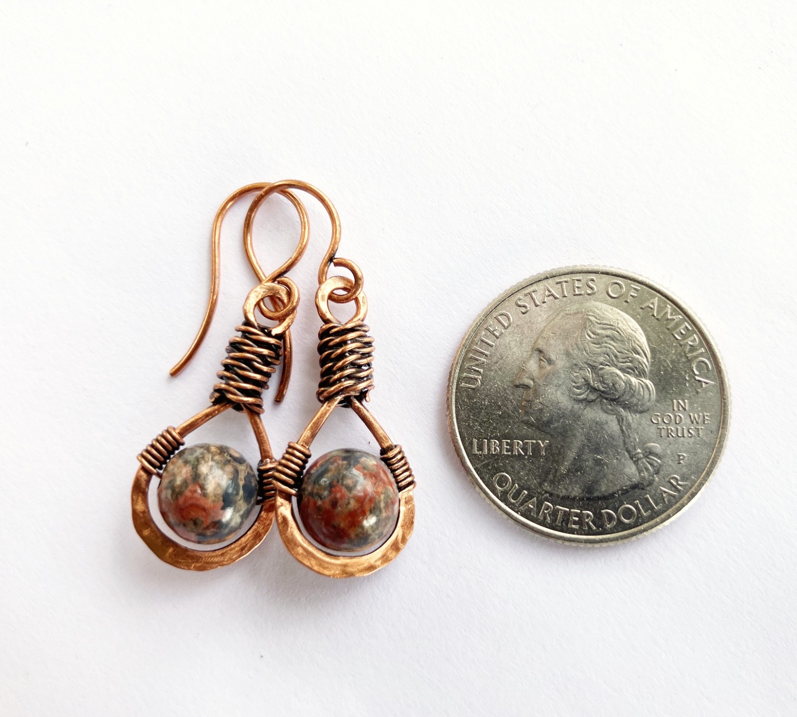 Leopard Skin Jasper Dangle Earrings Teardrop Bohemian Wire Wrapped Earthtones