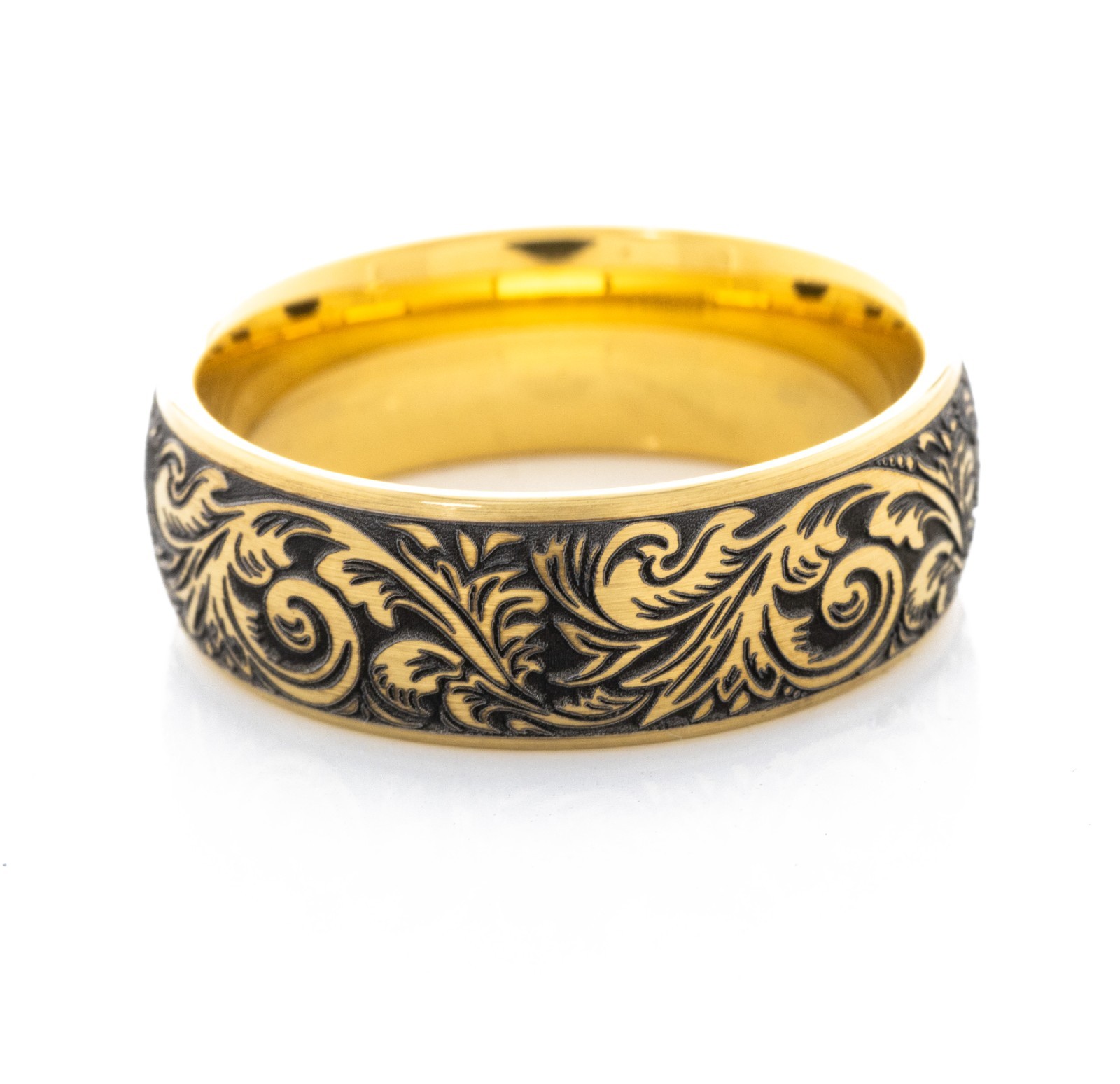 Fleur De Lis Deep Engraved Gold Plated Tungsten Ring with Victorian Engravings