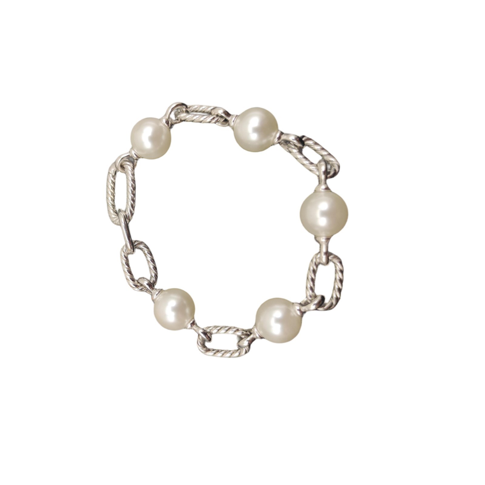 David Yurman Oval Link Cable Pearl Bracelet White Pearls 925 Silver SZ 7.-8IN