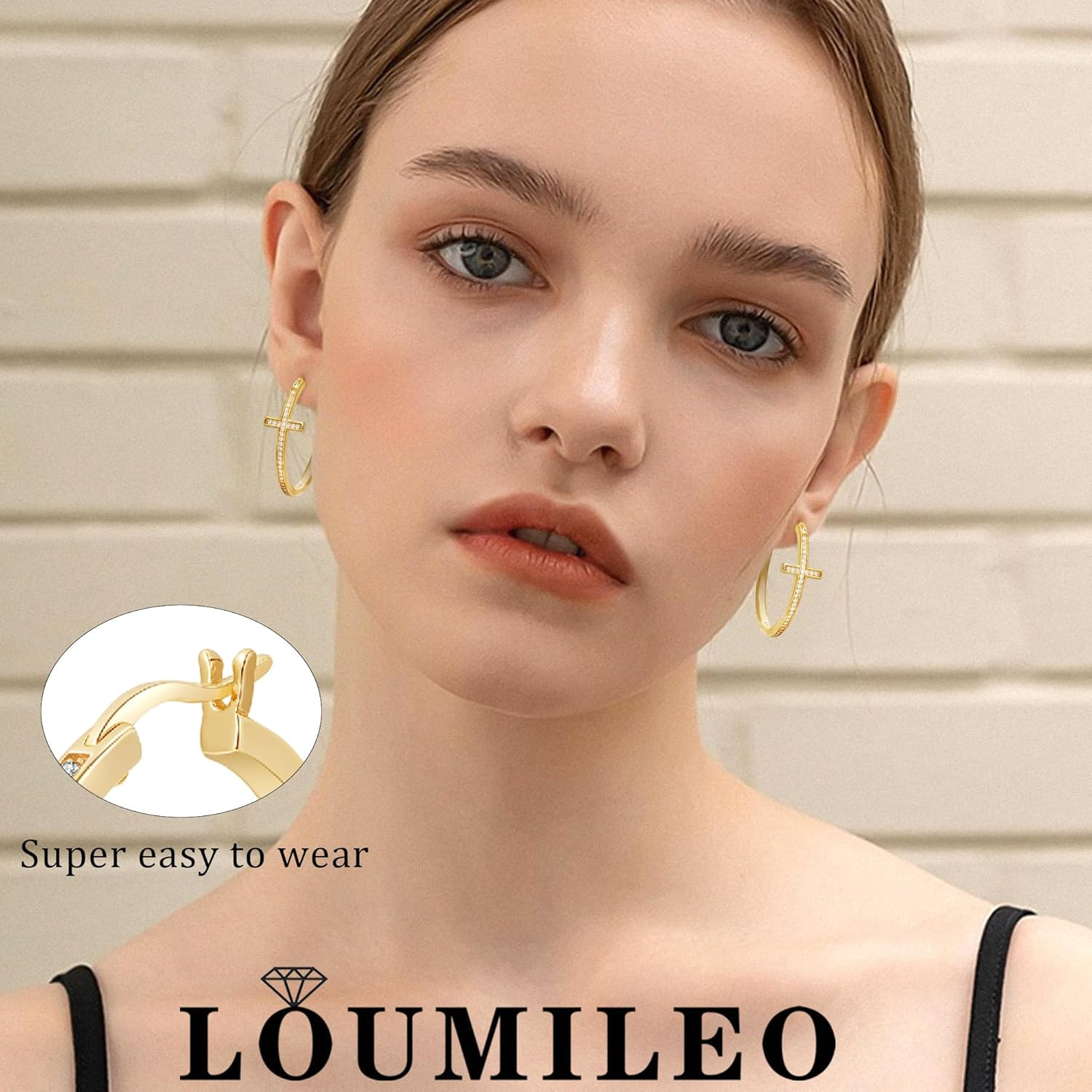Sterling Silver Cross Hoop Earrings for Women 30MM – Hypoallergenic 14K Gold Pla
