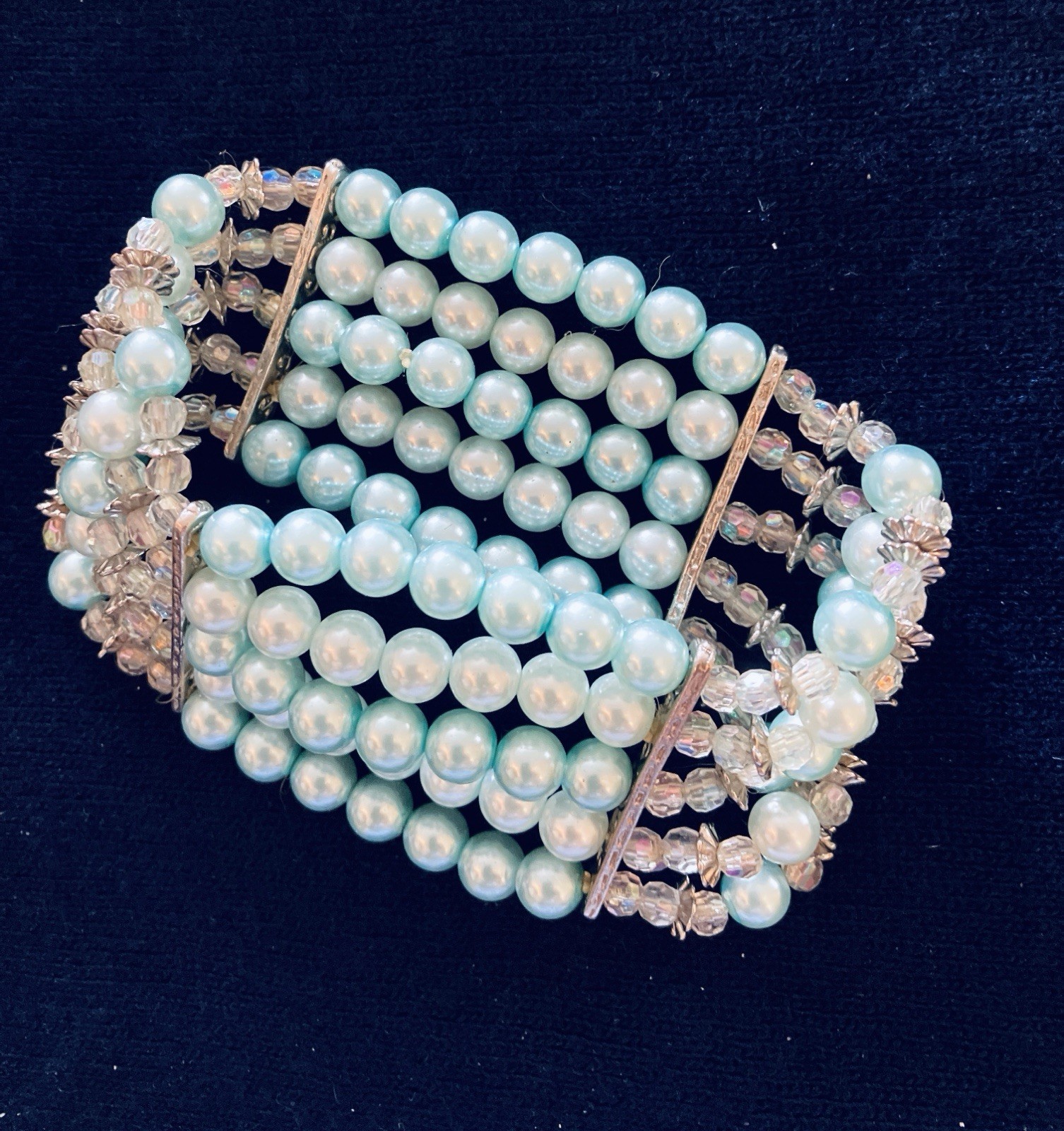 Expandable Multi strand Pearl Bracelet Antique Vintage Estate Cuff pale blue