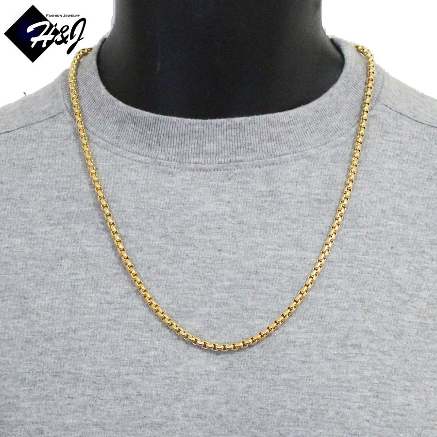 24″MEN’s Stainless Steel 4mm Gold Plated Smooth Box Link Chain Necklace
