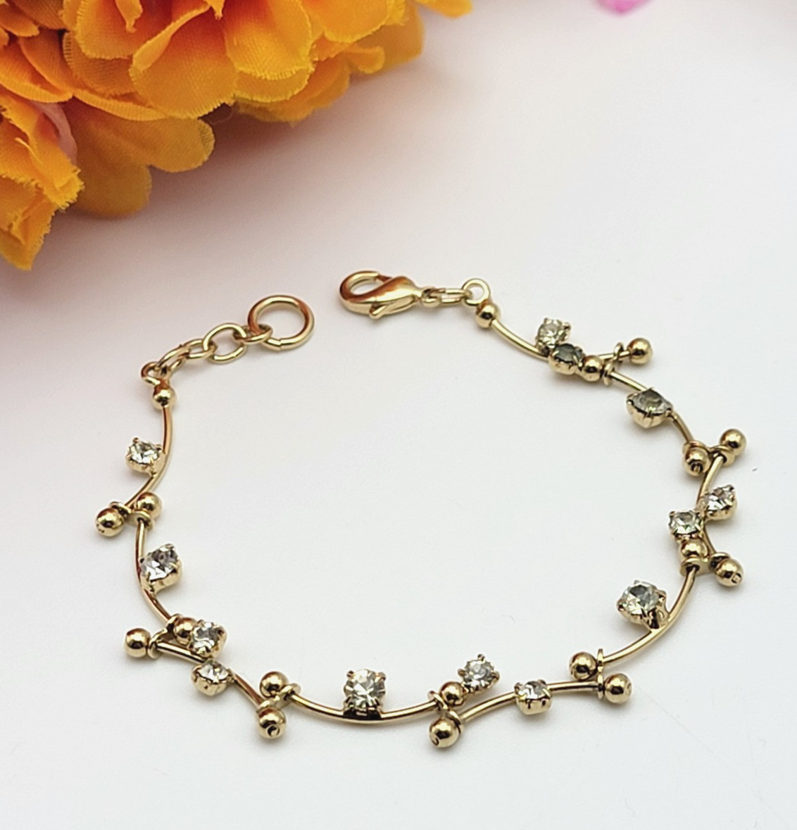Curved Bar & Ball Chain Bracelet Gold Tone And Clear Rhinestones 7.25″