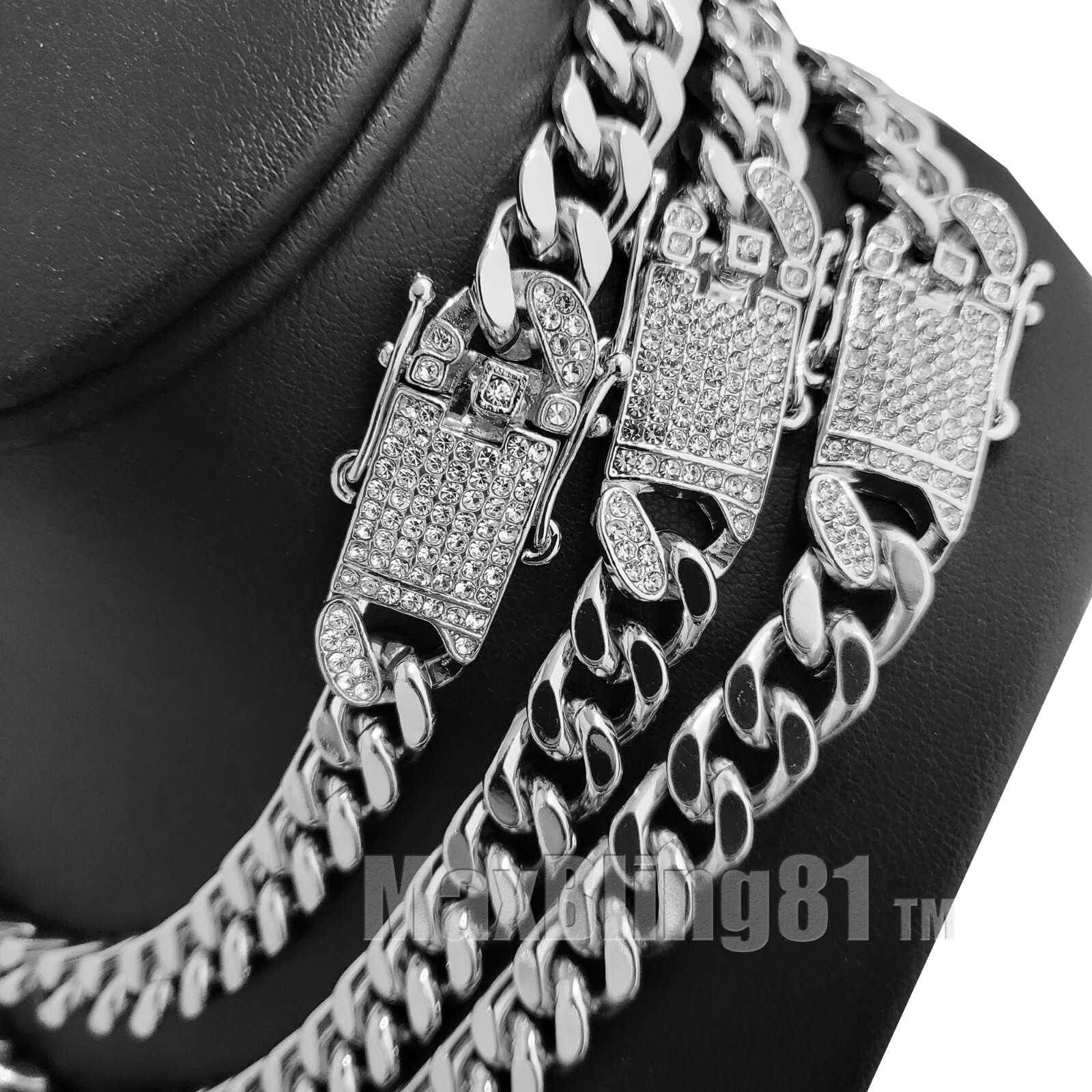 Hip Hop Icy Simulated Diamond Silver Plated 10mm 8.5″ ~ 24″ Cuban Chain Necklace