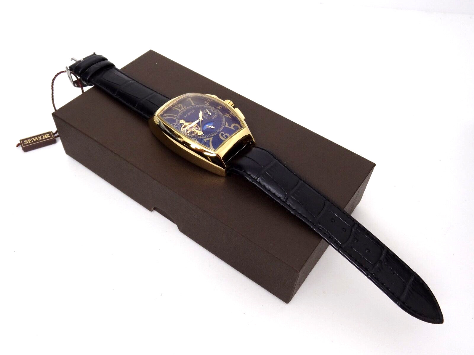 SEWOR Skeleton Watch Mechanical Automatic Self-Wind Leather Bracelet Moon Phase