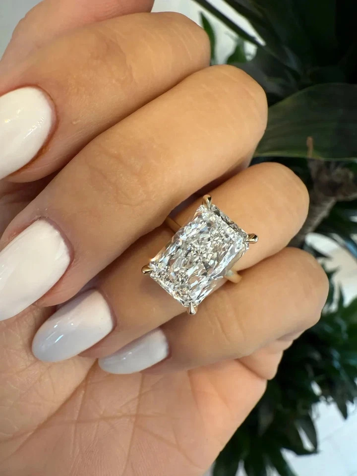 White Moissanite 5.10 Ct Radiant Cut Bridle Wedding Ring 14K Yellow Gold FN