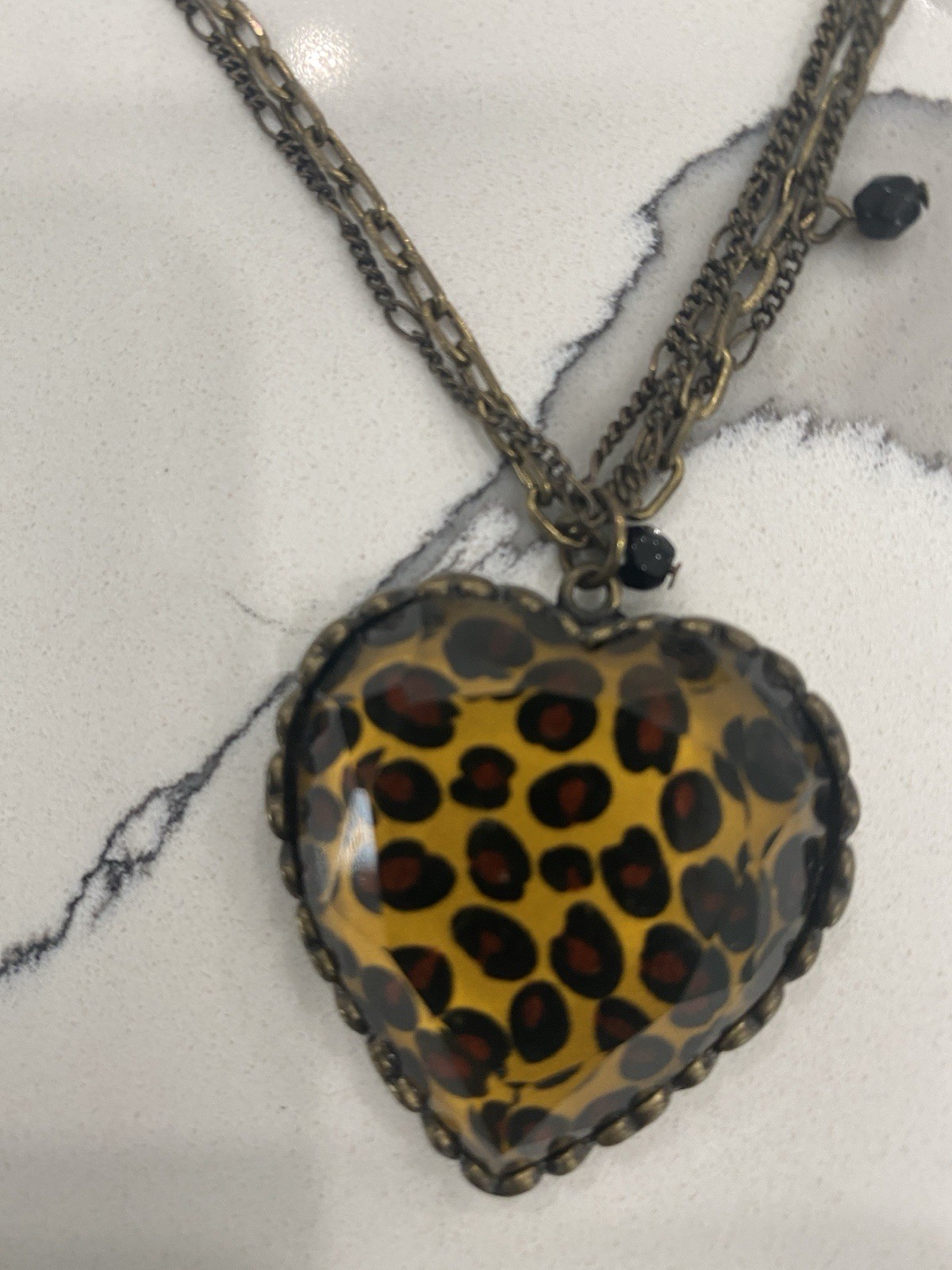 Betsey Johnson Multi Chain Leopard Heart Pendant Necklace Black Beads 17 to 19