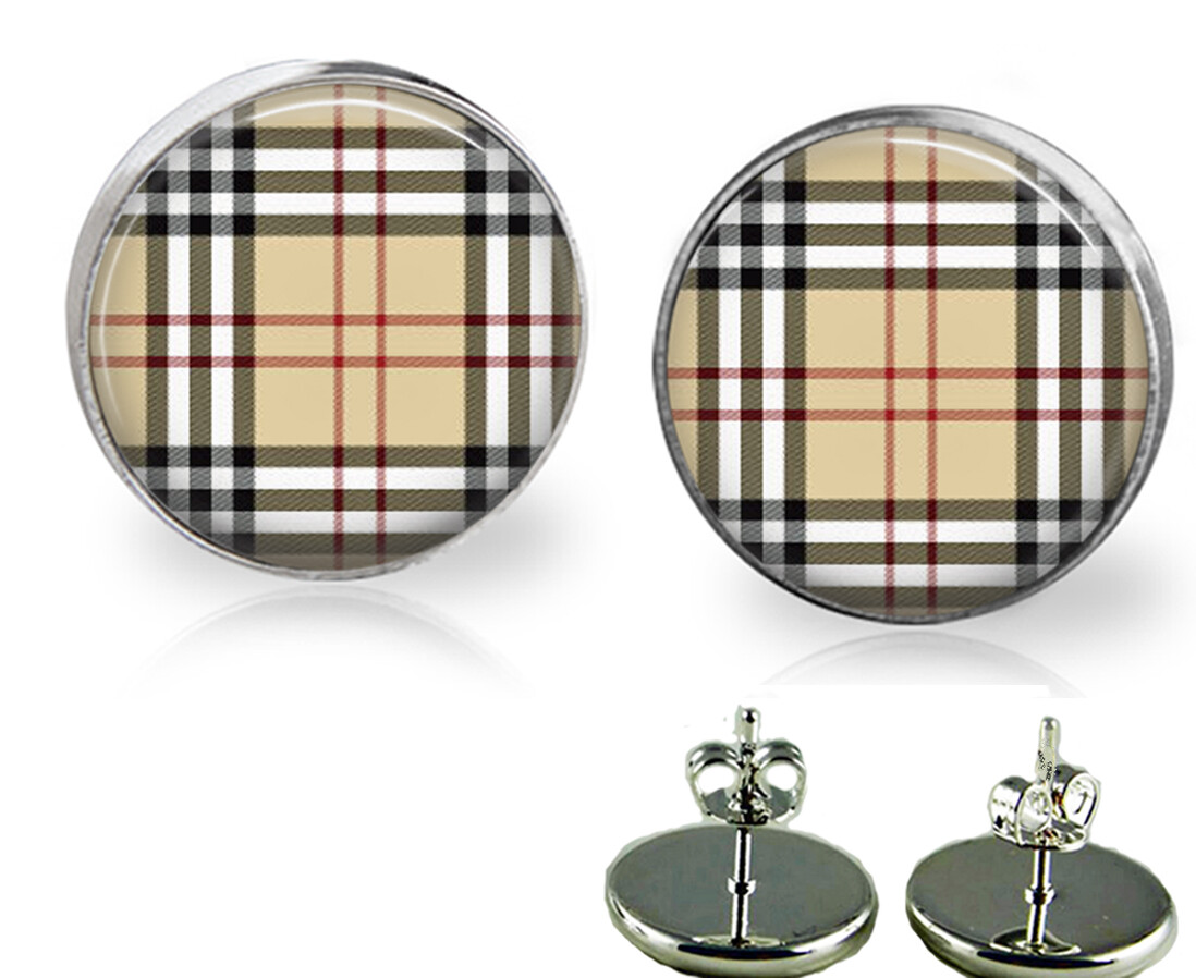 Tan White Red & Black Plaid Print Glass Top Stud Earrings In 2 Sizes Handmade