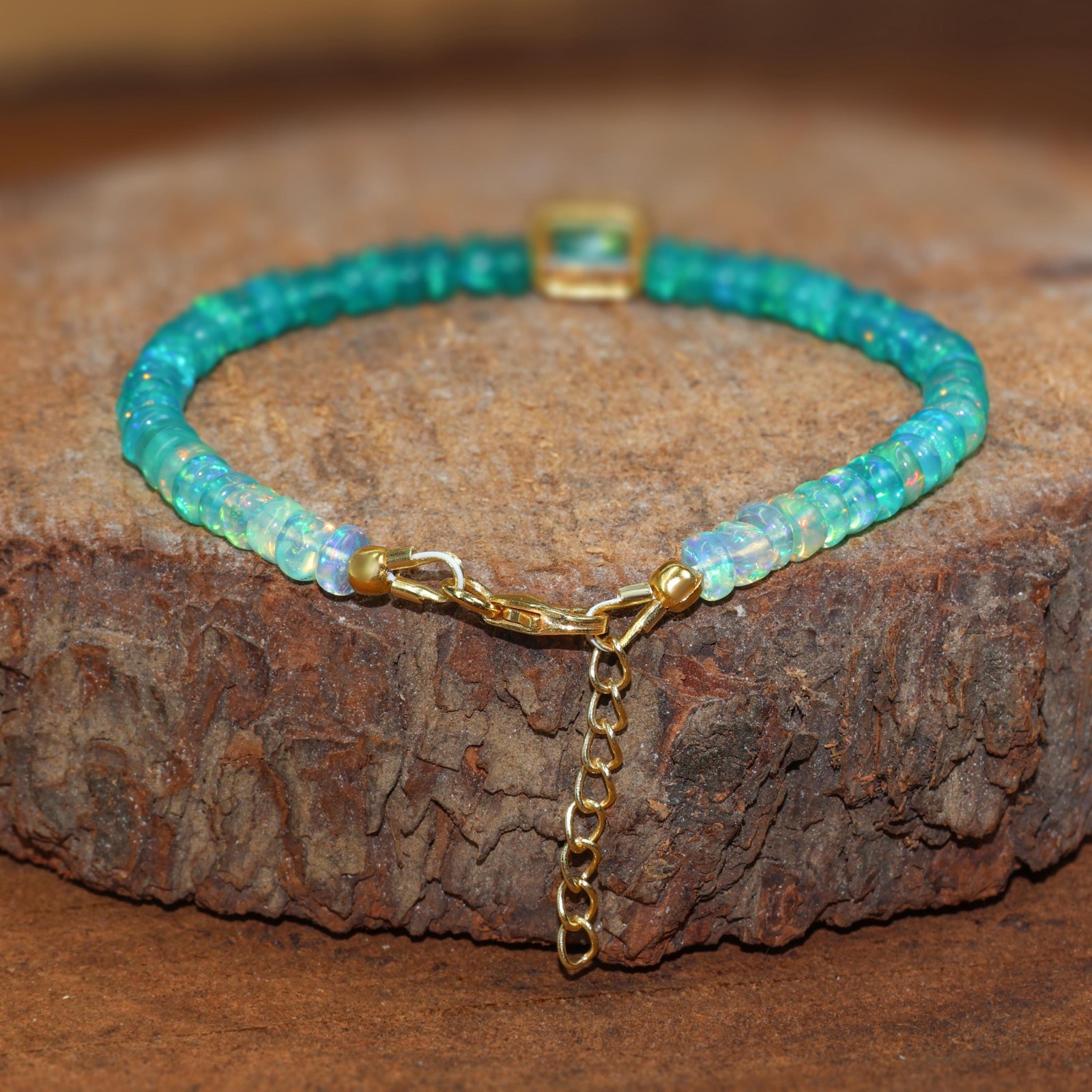 Green Opal Charm Bracelet, Gold Filled, October Birthstone