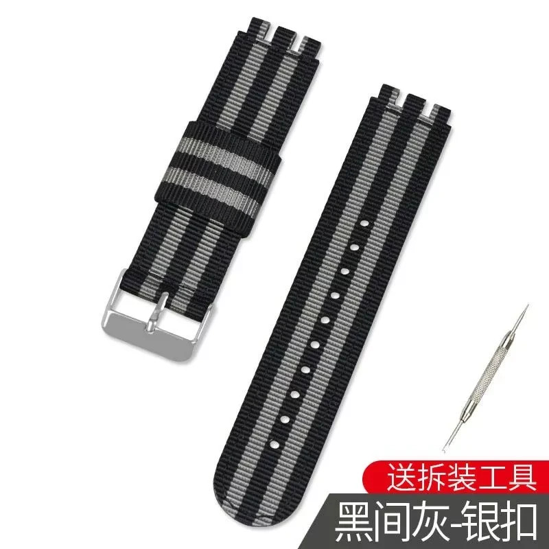 3-convex Ends 17mm 19 20mm Nylon Fabric Canvas Watchband for Swatch Stripe Strap