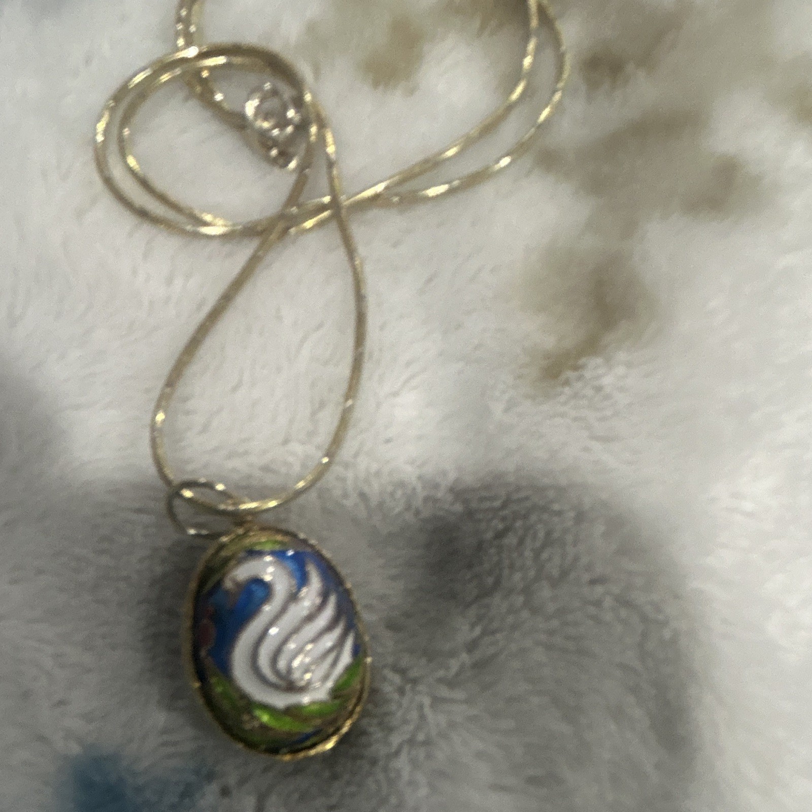 Russian Cloisonné enamel Swan egg pendant and chain stamped Italy .