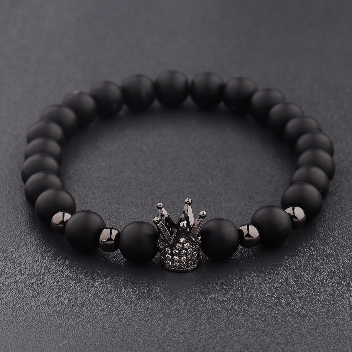 8MM Crown Natural Stone Matte Black Charm Men’s CZ Copper Bead Chuck Bracelet