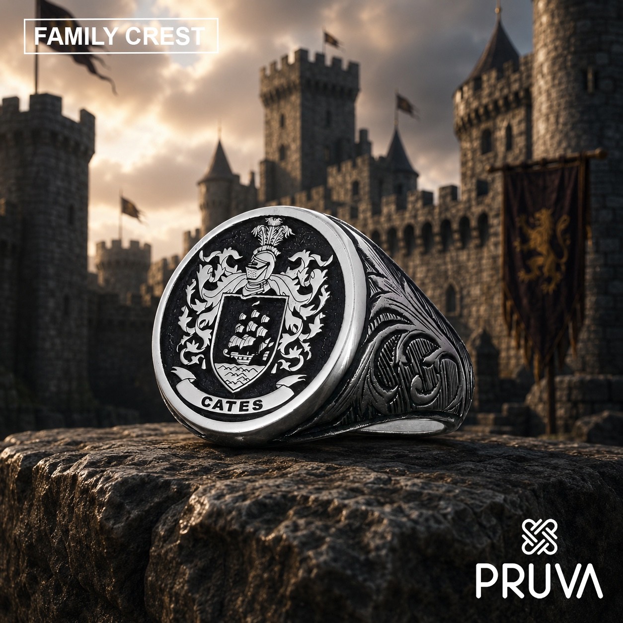 Custom Men’s Women’s Signet Ring Personalized 925 Silver PRUVA Family Crest 020