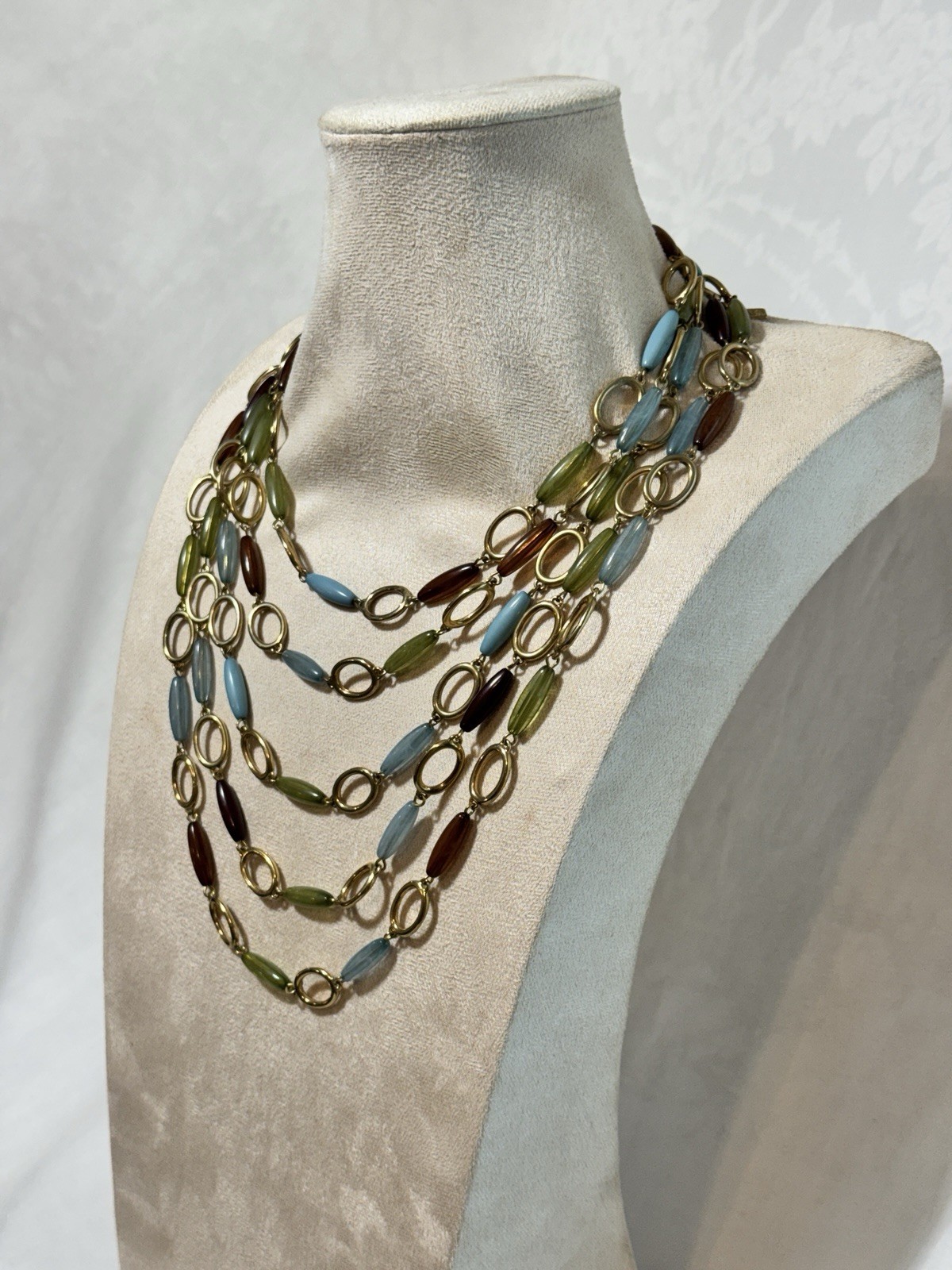 Multicolor Glass Beaded Layered Necklace Oval Link Toggle Adjustable