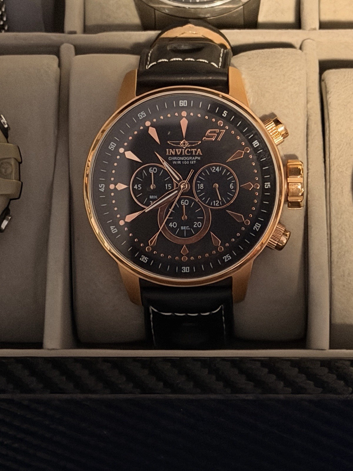Invicta S1 Men’s Quartz Chronograph 24-Hour Black Dial Gold Case Leather 100m