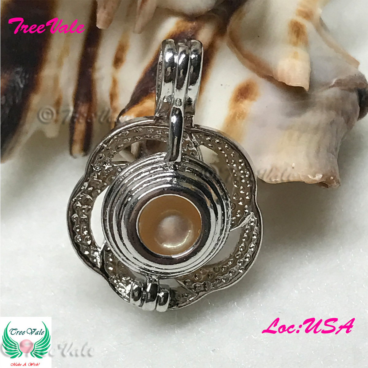 Full Bloom Flower – Silver Plated – Locket Pearl Cage Pendant – Hold 6mm – 8mm