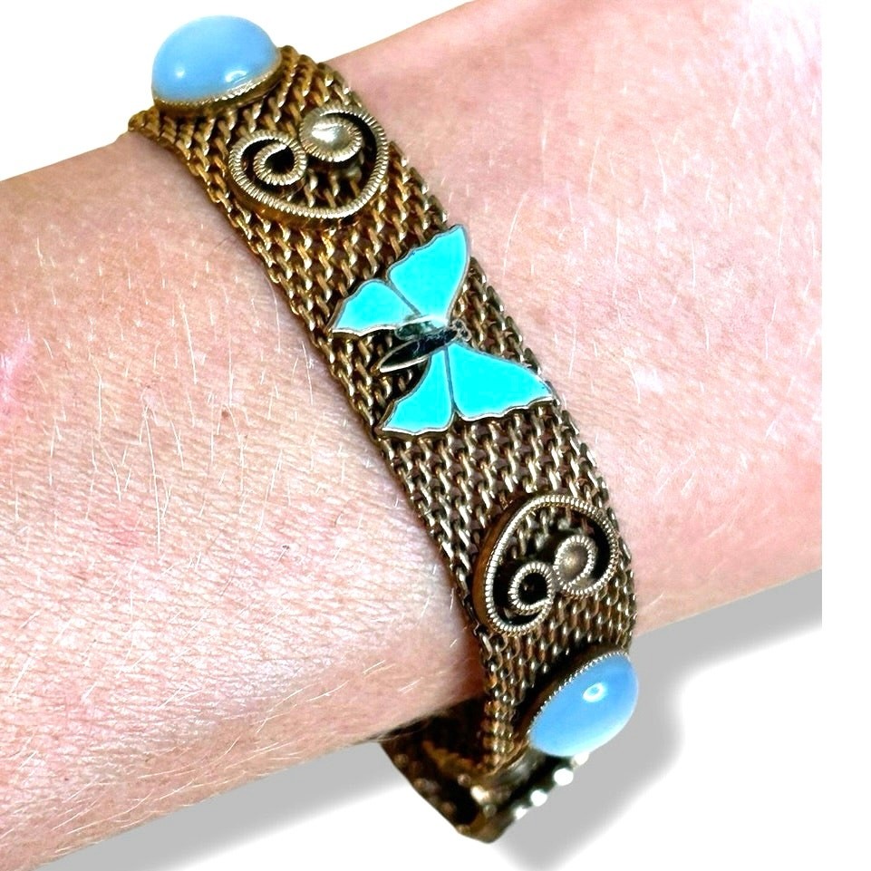 Vtg Mid Century Gold Tone Mesh Bracelet Blue Butterfly Charm Victorian Revival