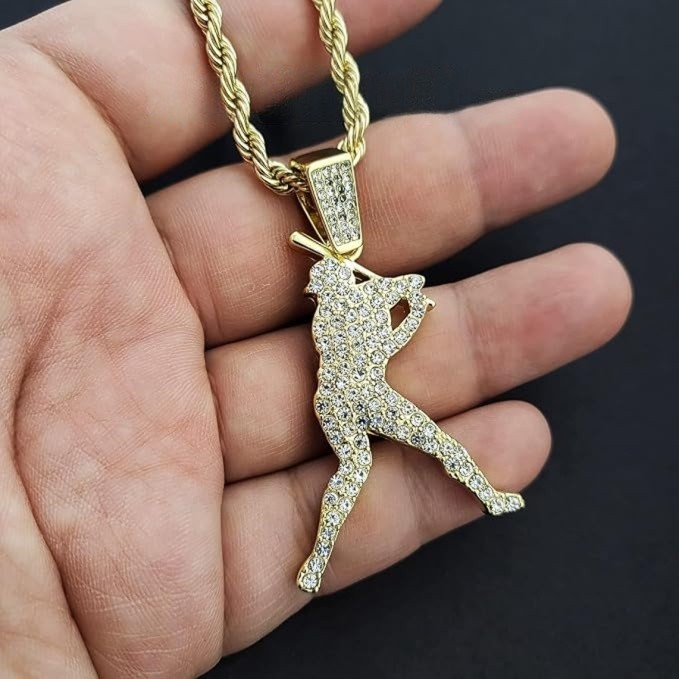 Gold Tone Iced Out Baseball Player Pendant 24in Rope Chain CZ Necklace