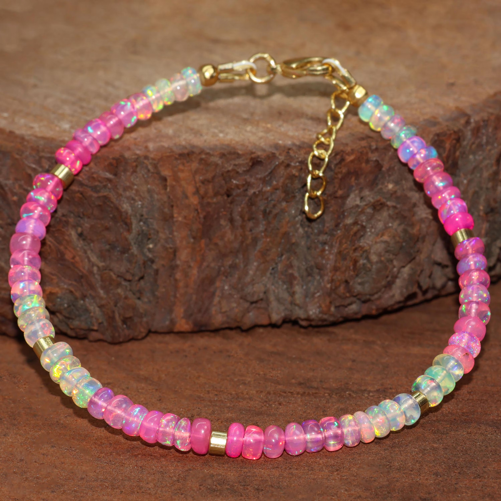 Pink Fire Opal Smooth Beads Silver Bracelet, Pink Opal Stone Gold Bracelet