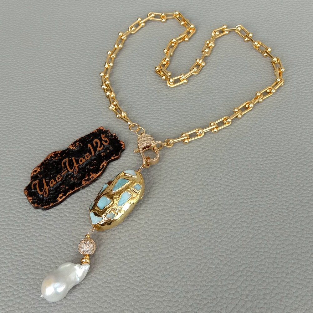 20″ Gold Plated Chain Necklace Blue Larimar Freshwater White Keshi Pearl Pendant