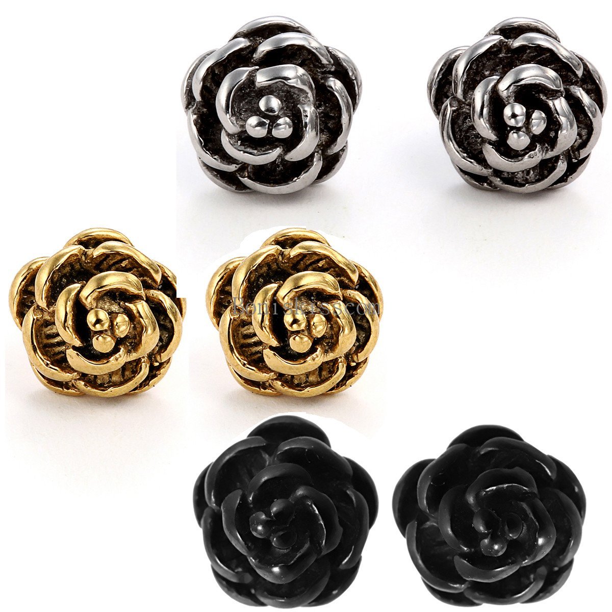 Charm Rose Flower Shape Stainless Steel Stud Earrings Bead Ball Screw Back