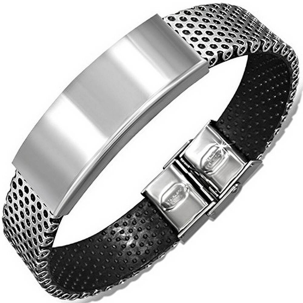 Stainless Steel Black Rubber Silver-Tone Mens Bracelet with Clasp
