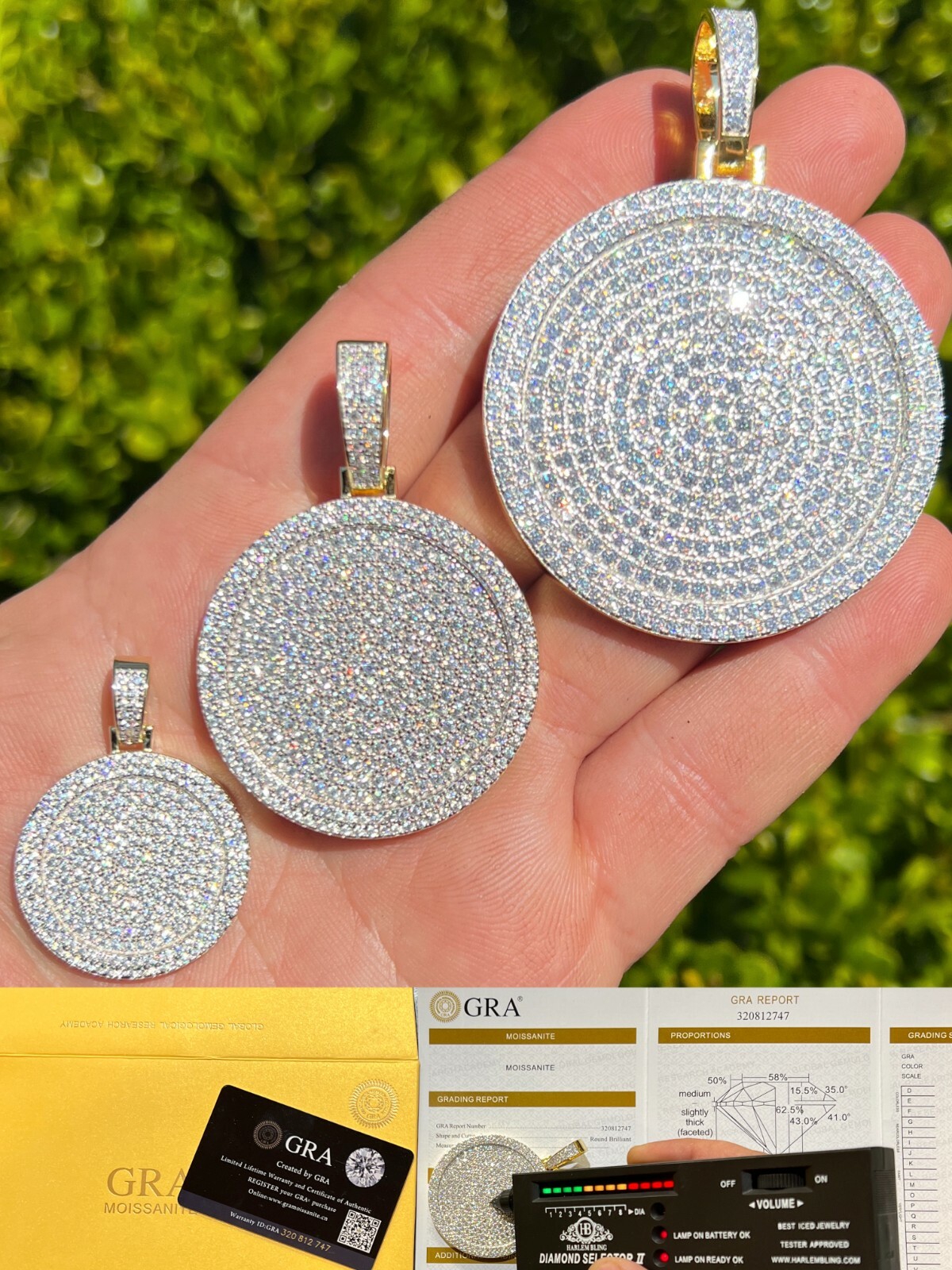 Real MOISSANITE Gold Plated Out Iced Round HipHop Pendant Necklace Passes Tester