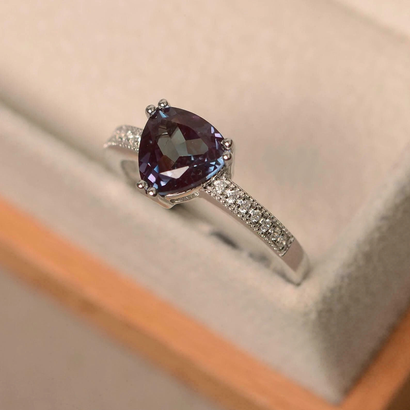 1.50Ct Trillion Cut Alexandrite Solitaire Engagement Ring 14K White Gold Finish