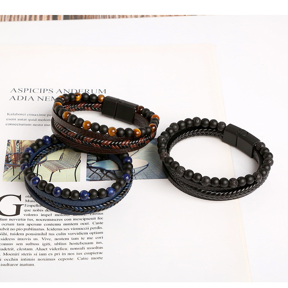 Men’s Layered Braided Leather Beaded Bracelet With Tiger Eye, Natural Stone