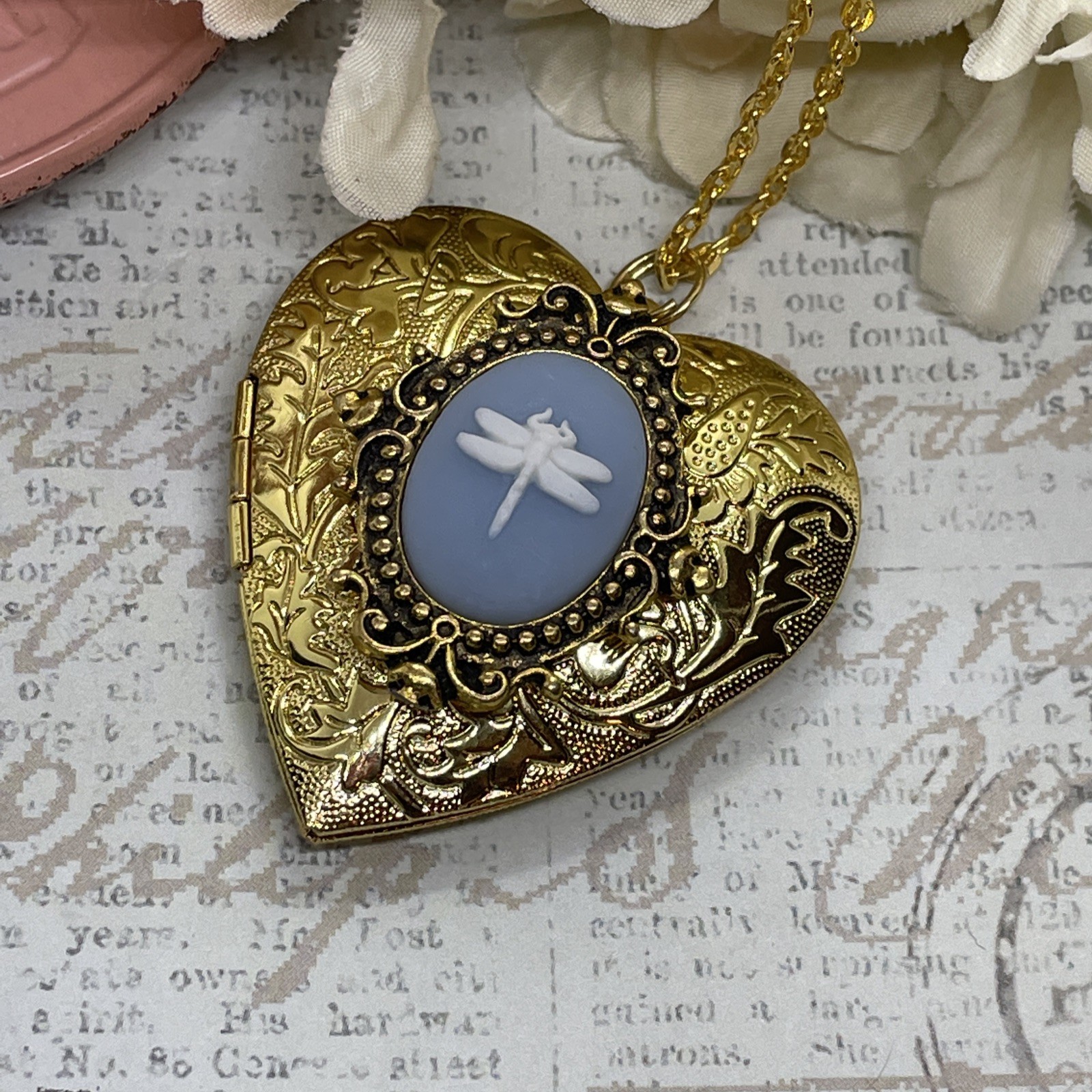 Gold Heart Locket Blue Wht Birthday Anniversary Wedding Dragonfly Cameo Necklace