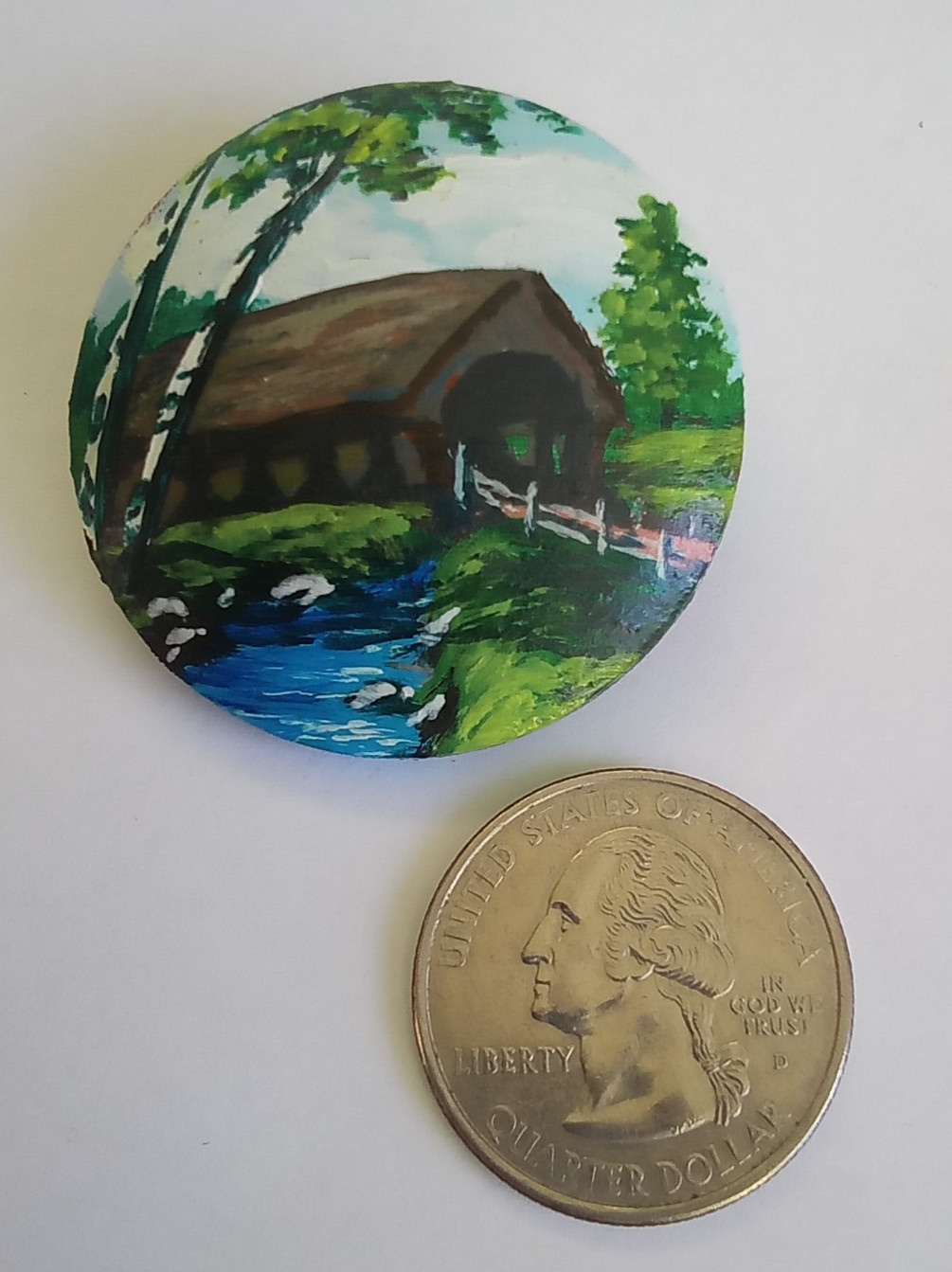 Vintage Hand Painted Covered Bridge Wooden Brooch Pin
