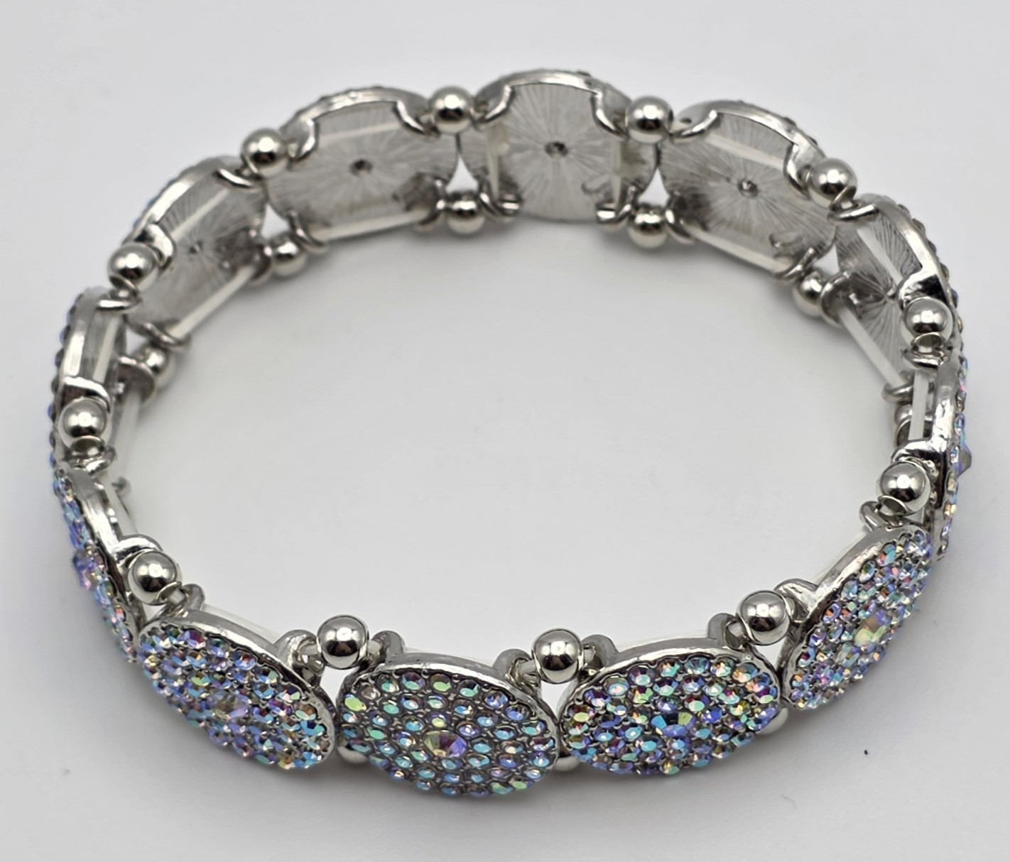 Silver Tone AB Crystal Pave Circle Link Stretch Bracelet 6.5 In Statement