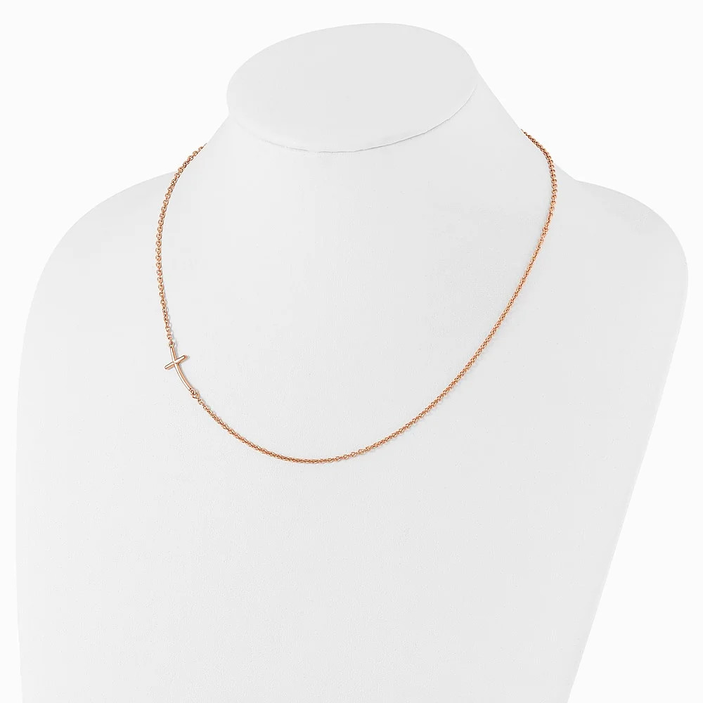 Sterling Silver Rose Gold-Plated Small Off-Set Sideways Curved Cross Necklace